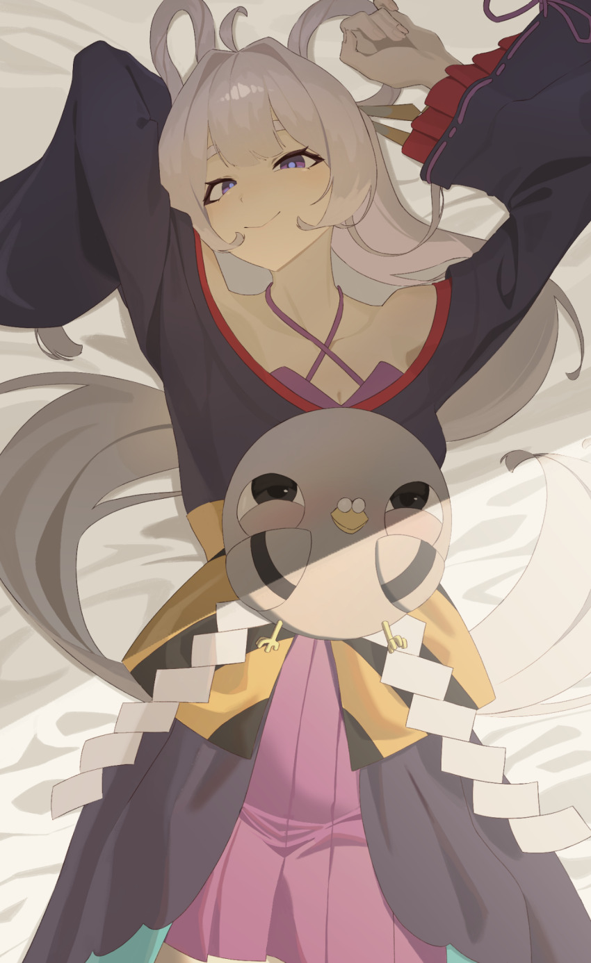 1girl, ahoge, arms_up, bed, bed_sheet, bird, black_kimono, blush