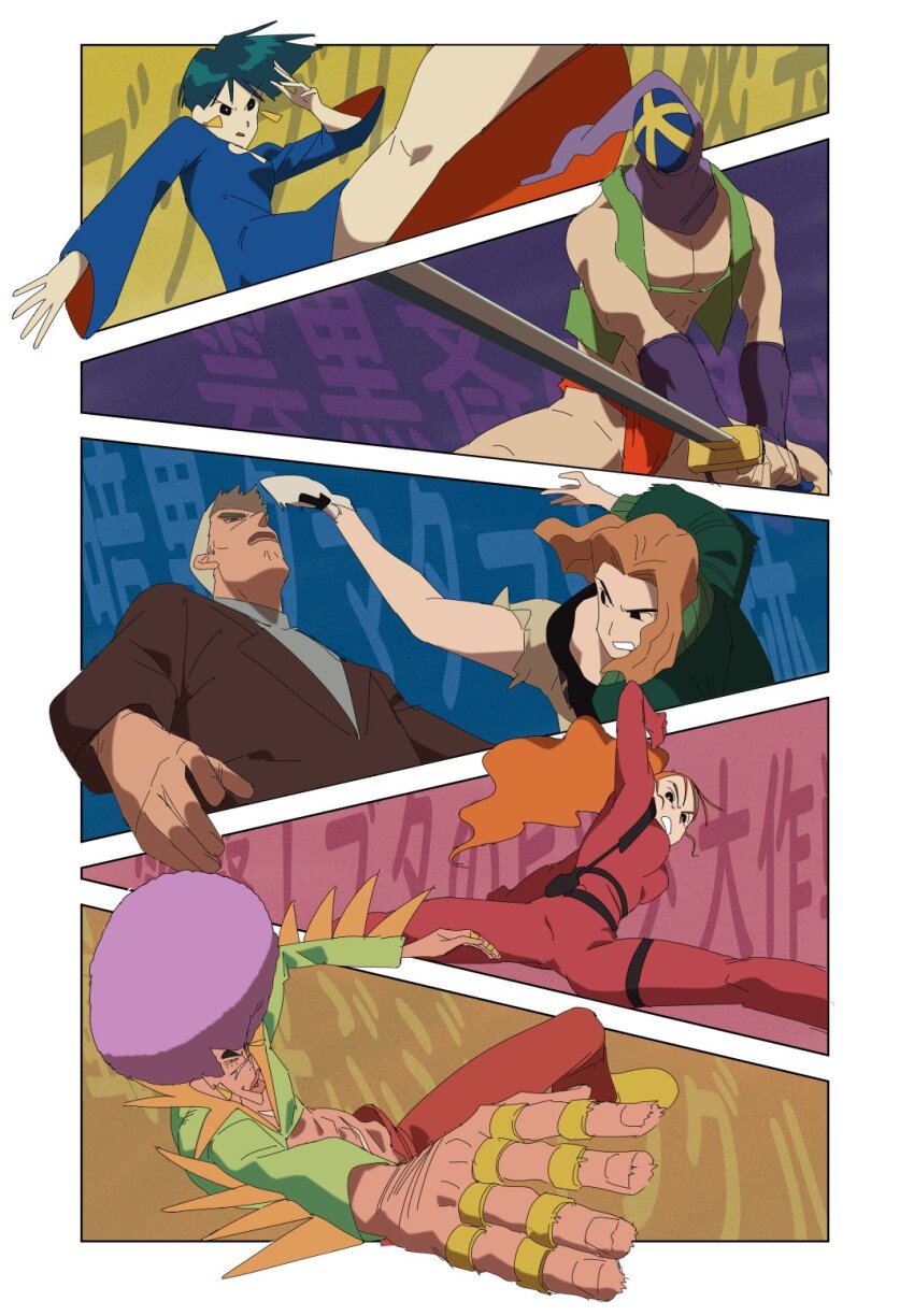 3boys, 3girls, afro, belt, black_belt, black_eyes, black_hair, black_jacket