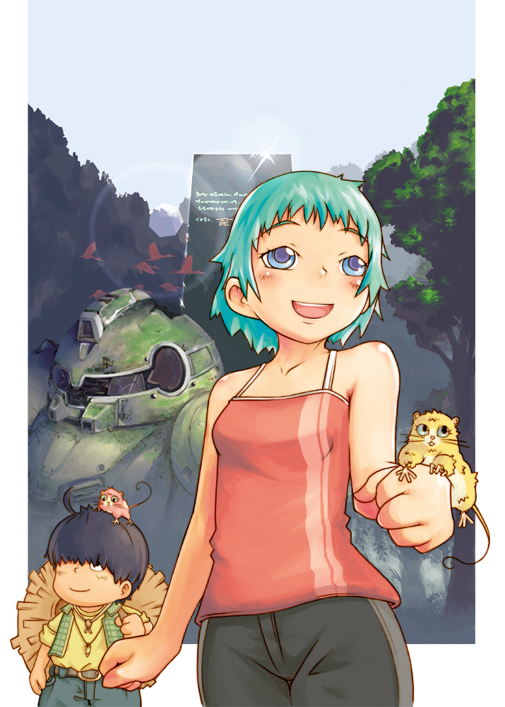 1980s_(style), 1990s_(style), ahoge, alien, aqua_hair, belt, bird, black_hair, blue_eyes, child, damaged, forest, gibul, gimmy_eril, ginga_hyouryuu_vifam, happy, hat, katue_piason, kuktonian, lens_flare, mecha, nature, oldschool, pet, pori_(poritan81), retro_artstyle, robot, ruins, science_fiction, short_hair, size_difference, spoilers, sun, tree, vest