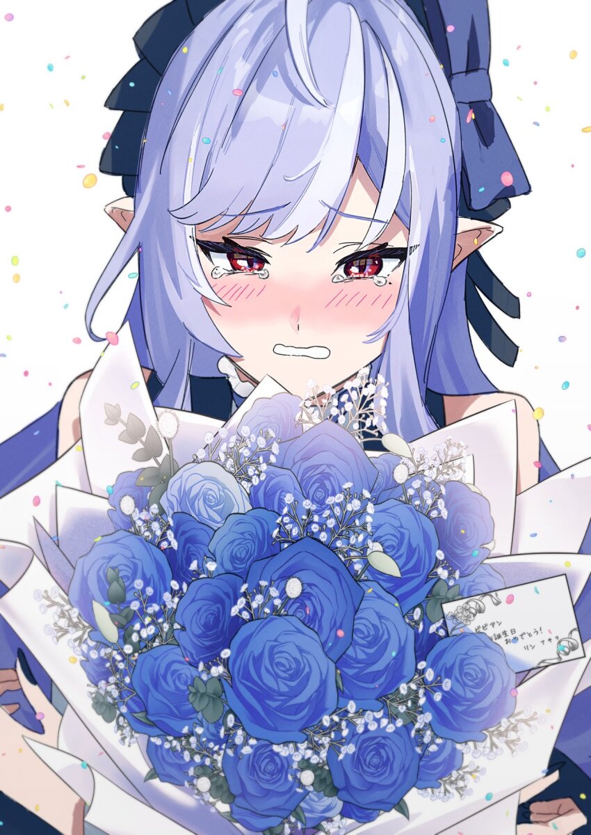1girl, bare_shoulders, birthday, blue_flower, blue_hairband, blush, bouquet, commentary