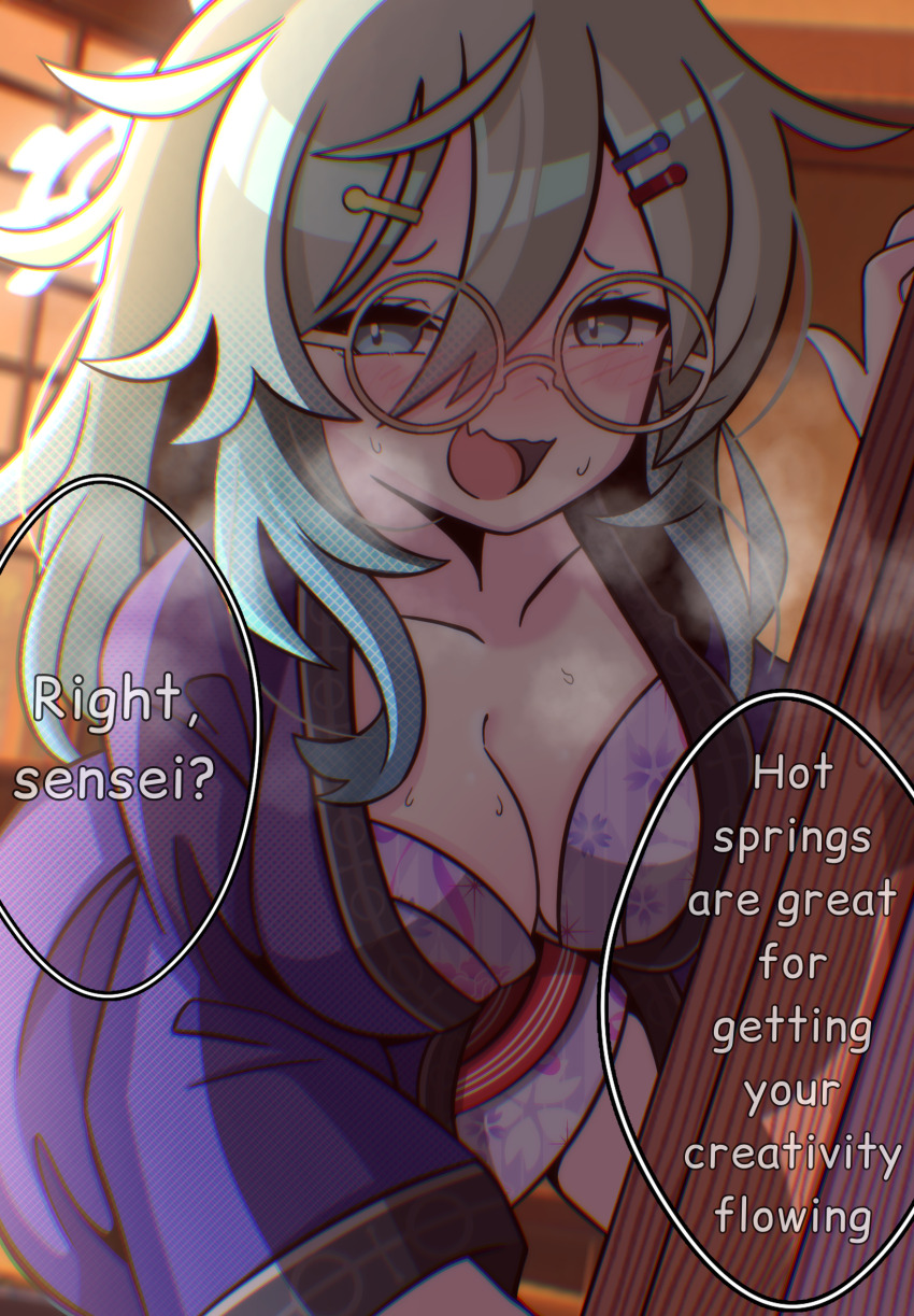 1girl, :d, ahoge-tan, alternate_hairstyle, backlighting, bath_yukata, blue_archive, blue_haori, blush, breasts, cleavage, commentary, english_commentary, english_text, fang, floral_print, floral_print_kimono, gear_halo, glasses, green_eyes, hair_between_eyes, hair_flaps, hair_ornament, hairclip, halo, haori, highres, indoors, japanese_clothes, kimono, large_breasts, long_hair, looking_at_viewer, looking_to_the_side, meru_(blue_archive), meru_(hot_spring)_(blue_archive), messy_hair, multiple_hair_clips, naughty_face, obi, official_alternate_costume, open_mouth, oppai_loli, print_kimono, purple_kimono, round_eyewear, sash, shouji, skin_fang, sliding_doors, smile, speech_bubble, steam, sweat, yellow-framed_eyewear, yukata