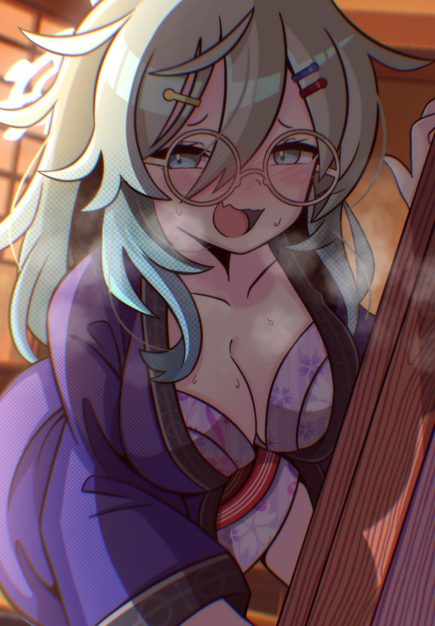 1girl, :d, ahoge-tan, alternate_hairstyle, backlighting, bath_yukata, blue_archive, blue_haori