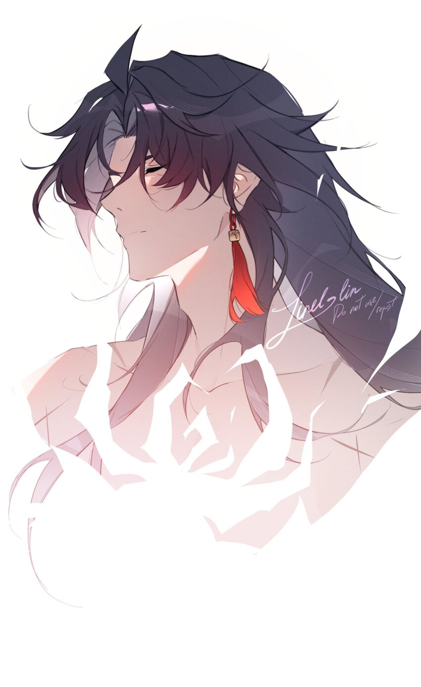 1boy, ahoge, artist_name, black_hair, blade_(honkai:_star_rail), blue_hair, closed_eyes, collarbone