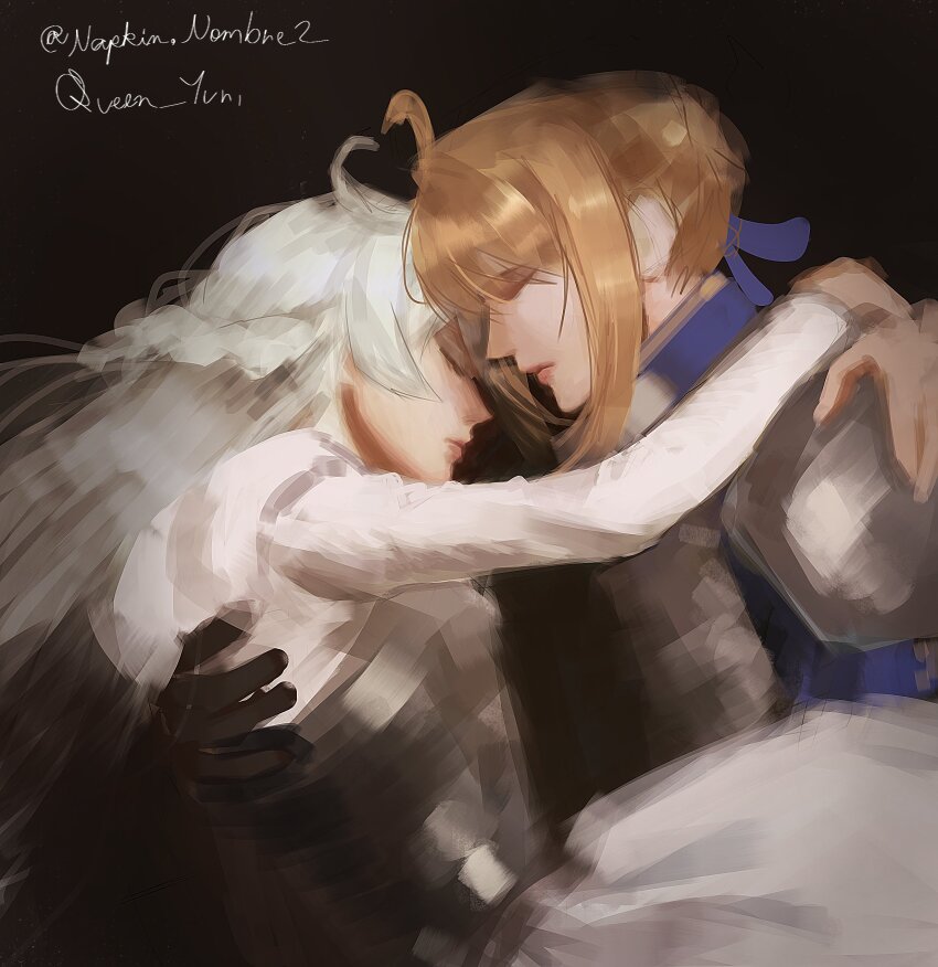 2girls, absurdres, armor, artoria_pendragon_(fate), black_background, black_gloves, blonde_hair, commentary