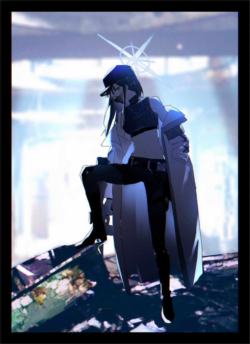 1girl, arius_branch_school_logo, arius_squad_(blue_archive), baseball_cap, belly, belt, black_hair, black_vest