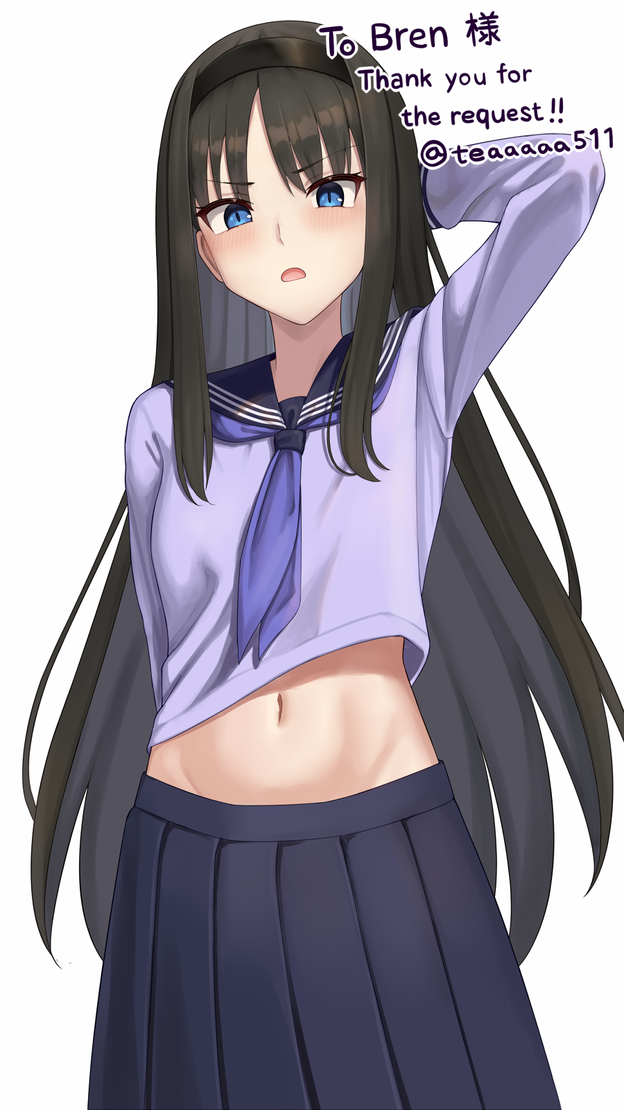 1girl, arm_behind_head, asagami_private_girls_acadamy_uniform, black_hair, black_hairband, blue_eyes, blue_sailor_collar, blue_skirt