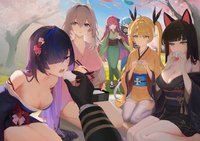 1boy, 6+girls, absurdres, animal_ears, bare_shoulders, black_gloves, black_hair, blonde_hair