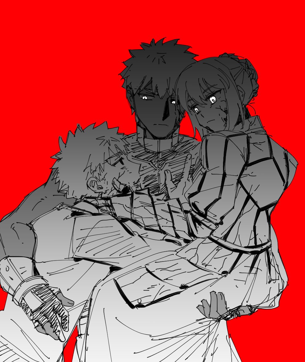 1girl, 2boys, archer_(fate), archer_alter_(fate), armor, armored_dress, artoria_pendragon_(fate), colored_sclera