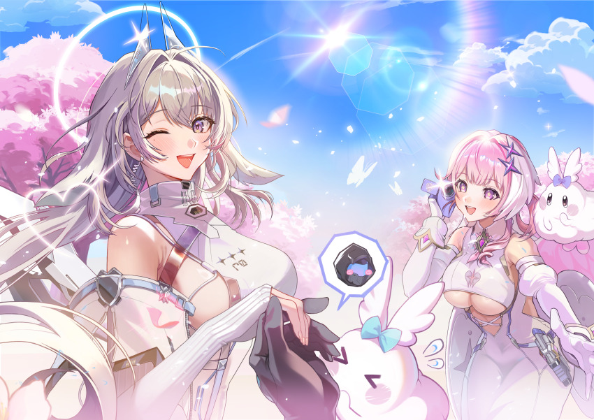 1boy, 2girls, absurdres, angel, angel_wings, bare_shoulders, blue_halo, blush