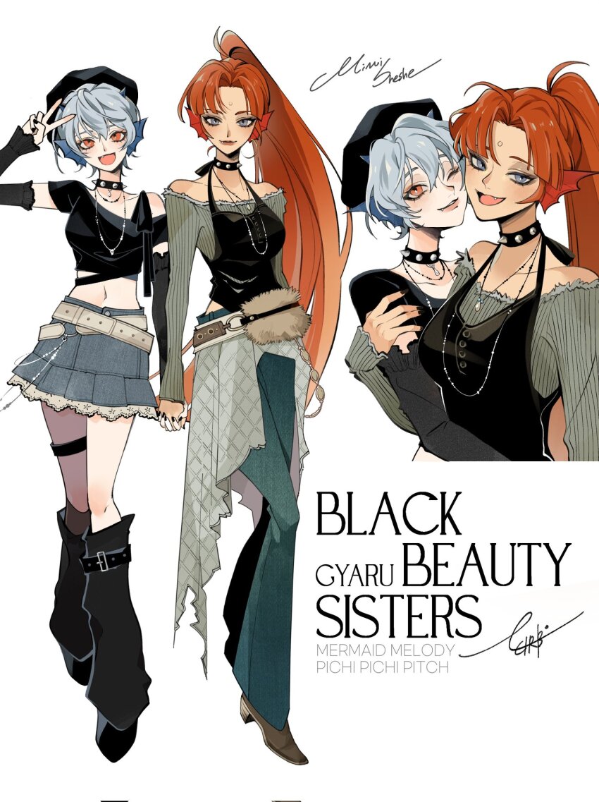 2girls, alternate_costume, arm_warmers, bag, bare_shoulders, belt, belted_leg_warmers, black_arm_warmers