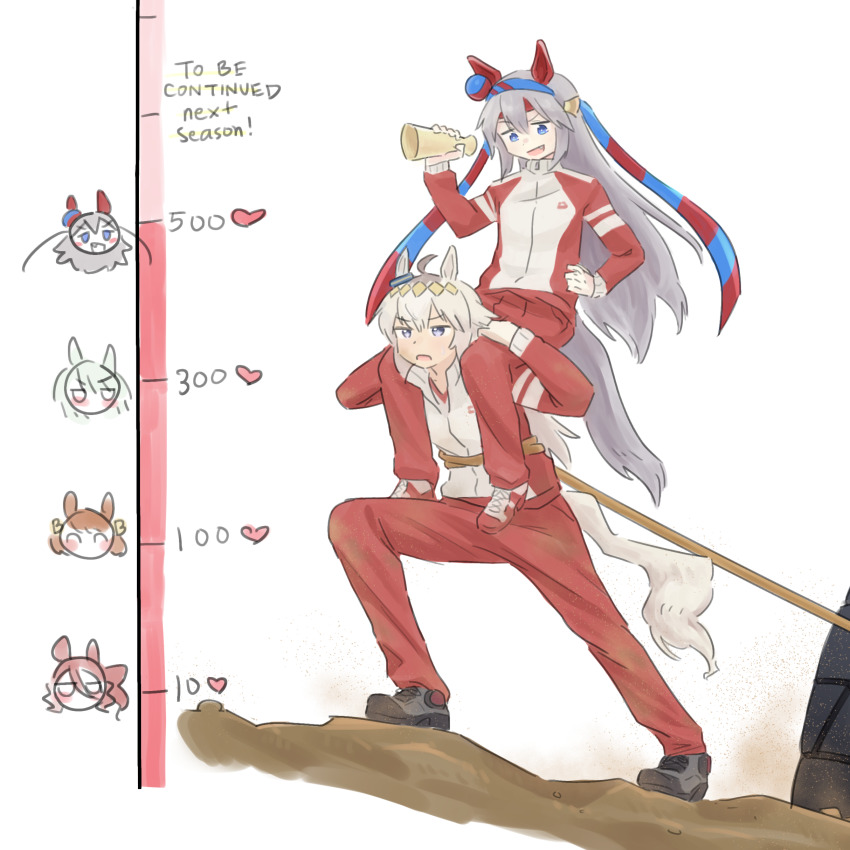 2girls, absurdres, ahoge, animal_ears, belno_light_(umamusume), bilingual_commentary, black_shoes, blue_eyes