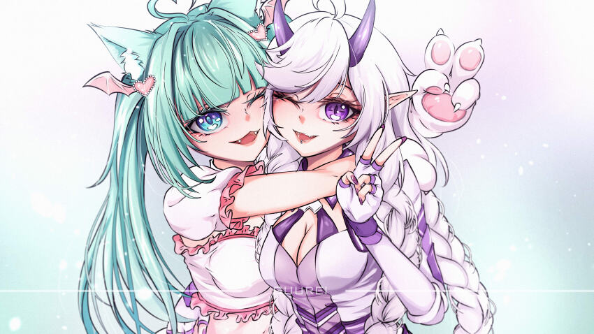 2girls, absurdres, animal_ear_fluff, blue_eyes, breasts, cleavage, commission, fangs