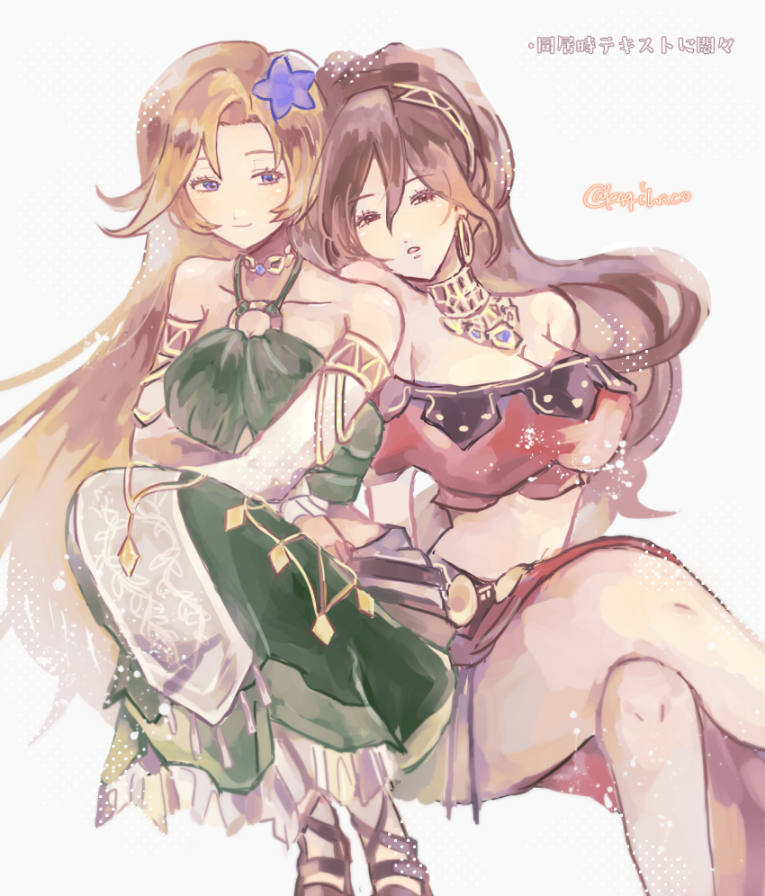 2girls, artist_name, big_hair, blonde_hair, blue_eyes, blue_flower, breasts, brown_hair