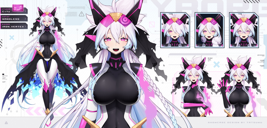 1girl, alternate_form, black_bodysuit, blue_hair, bodysuit, braid, breasts, cy_yu