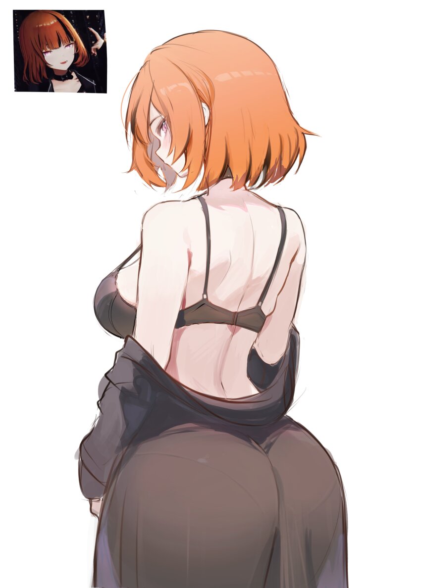 1girl, absurdres, ass, black_bra, black_dress, black_streaks, bra, breasts