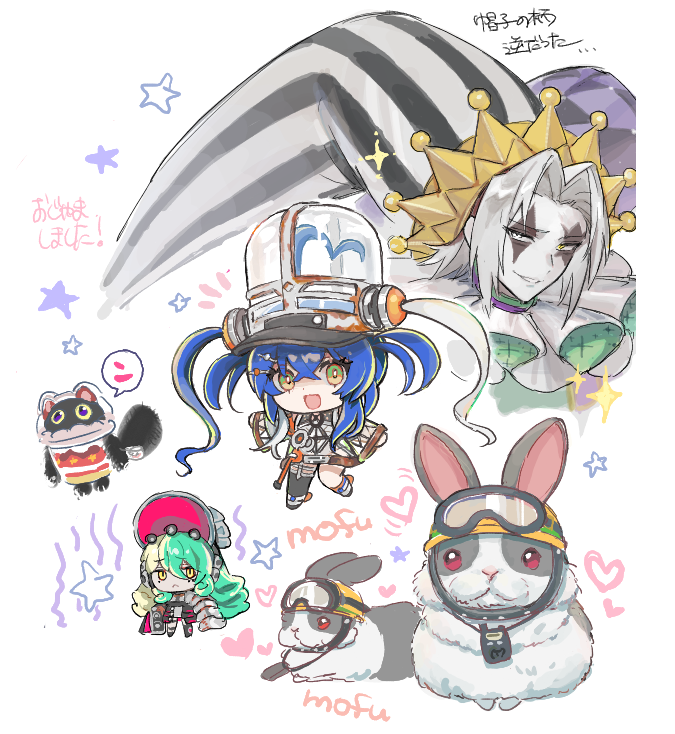 1boy, 2girls, animal_ears, asymmetrical_eyelashes, asymmetrical_legwear, black_cat, blonde_hair, blue_hair