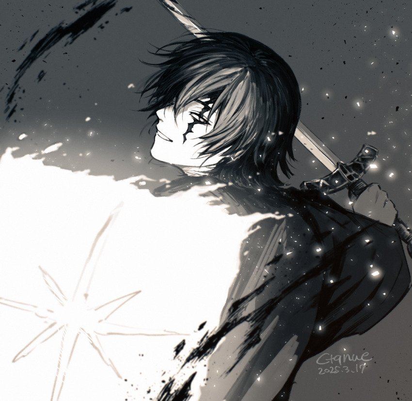 1boy, black_hair, blood, blood_splatter, bloody_weapon, centuria_(manga), commentary_request, ctqnue