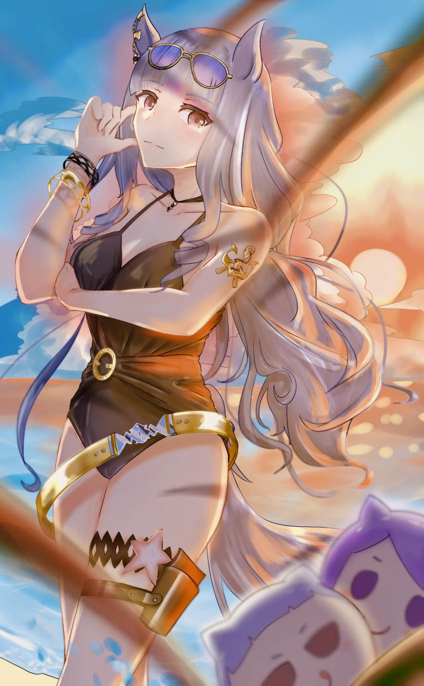 1girl, absurdres, anchor_tattoo, animal_ears, arm_tattoo, ball, bare_shoulders, beach