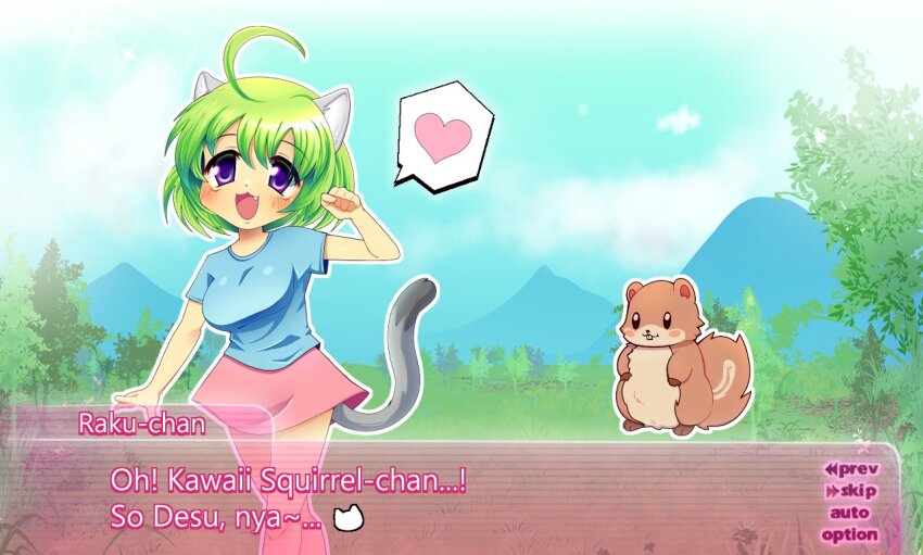 1girl, 2000s_(style), :3, ahoge, animal_ears, blue_shirt, blush, breasts