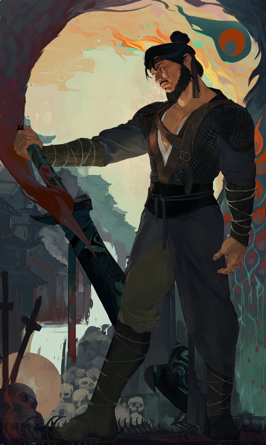 1boy, absurdres, beard, belt, black_boots, black_gauntlets, black_hair, blue_robe