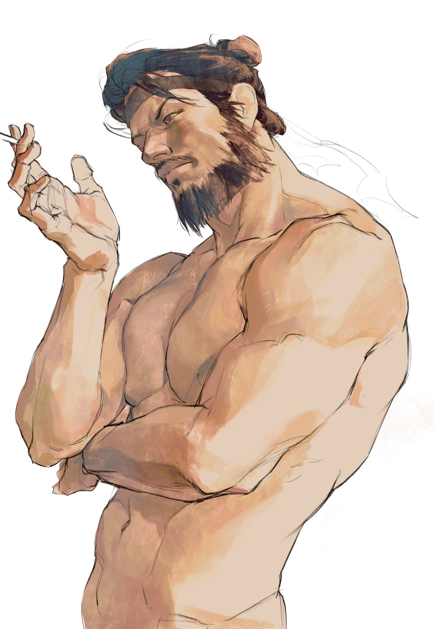 1boy, absurdres, bara, beard, black_hair, brown_eyes, chinstrap_beard, closed_mouth, commentary_request, facial_hair, hair_bun, hand_up, headband, highres, hua_bucheng, lips, male_focus, mature_male, muscular, muscular_male, mustache, nude, realistic, short_hair, simple_background, sketch, solo, upper_body, where_winds_meet, white_background, yi_dao_(where_winds_meet)
