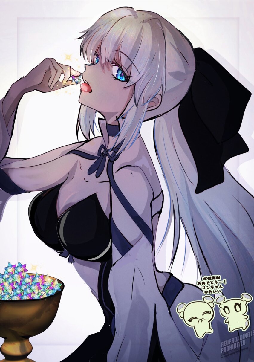 1girl, black_bow, black_dress, blue_eyes, bow, braid, breasts, chalice