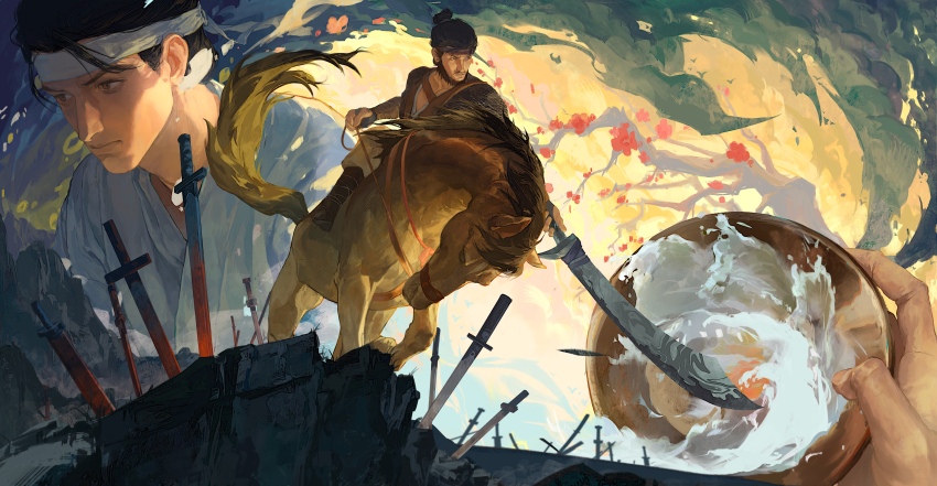 2boys, absurdres, beard, belt, black_boots, black_hair, blood, bloody_weapon