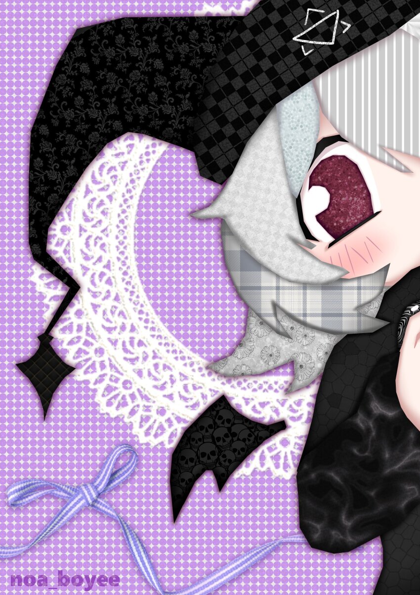 1girl, absurdres, bat_wings, black_hat, blush, collage_(medium), commentary, doily