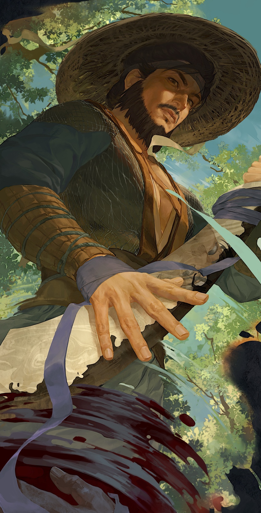 1boy, absurdres, beard, belt, black_hair, blood, blue_headband, blue_robe