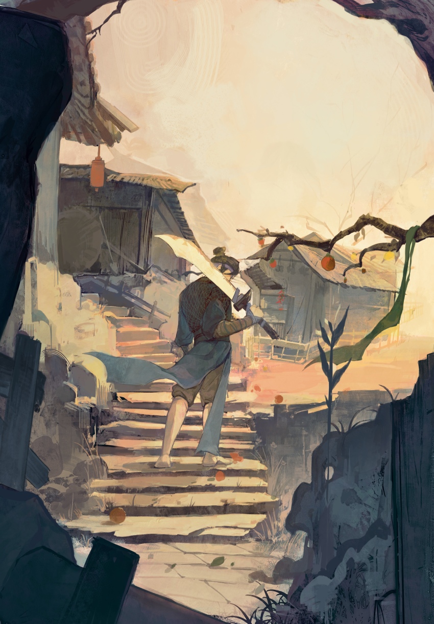 1boy, absurdres, barefoot, black_hair, blue_headband, blue_robe, branch, bridal_gauntlets