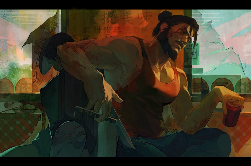 2boys, absurdres, bara, beard, black_hair, broken_window, can, chinese_text