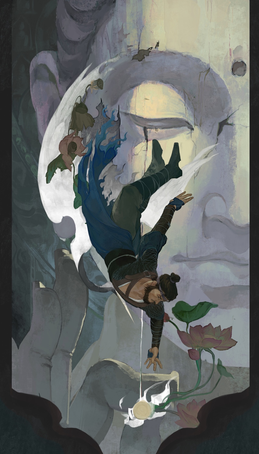 1boy, absurdres, arm_up, beard, belt, black_boots, black_hair, blue_flower