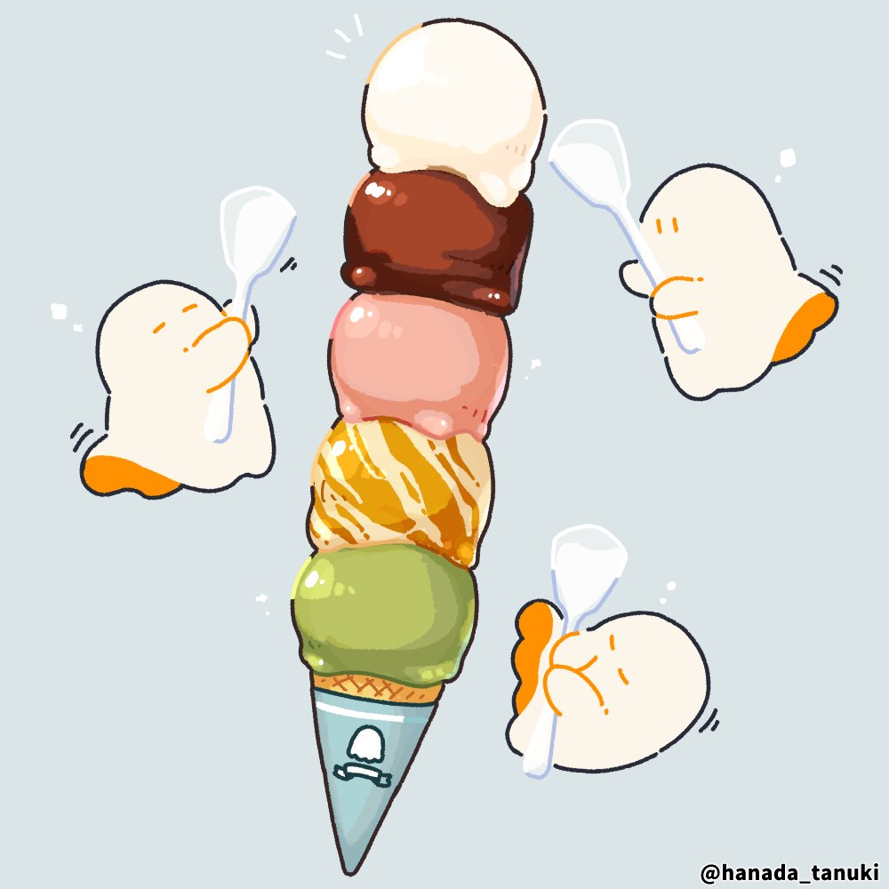 artist_name, commentary_request, food, ghost, grey_background, hanada_tanuki, holding, holding_spoon, ice_cream, ice_cream_cone, multiple_scoops, no_humans, original, sheet_ghost, simple_background, spoon, too_many, too_many_scoops