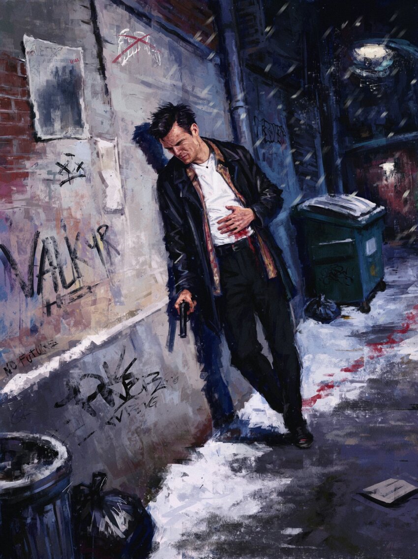 1boy, black_coat, black_hair, blood, blood_on_clothes, blood_trail, bullet_wound, coat, commentary, gun, hand_on_wound, highres, holding, holding_gun, holding_weapon, jewelry, max_payne, max_payne_(series), mistysblueboxstuff, necklace, shirt, snow, untranslatable_commentary, weapon, white_shirt