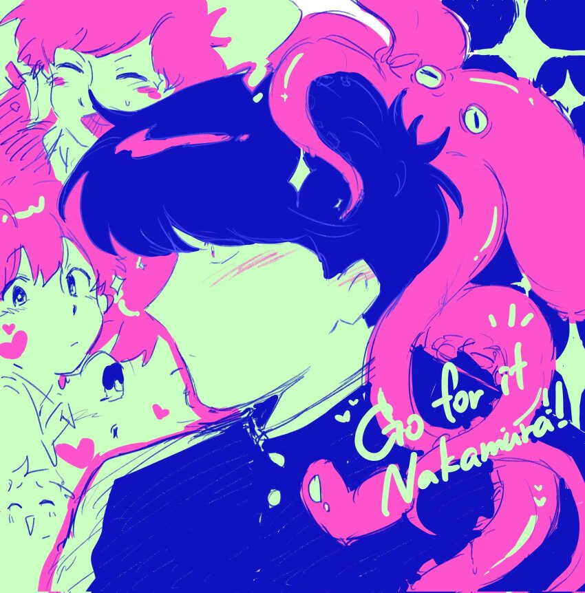 2boys, black_hair, blush, commentary, english_commentary, english_text, gakuran, ganbare!_nakamura-kun!!