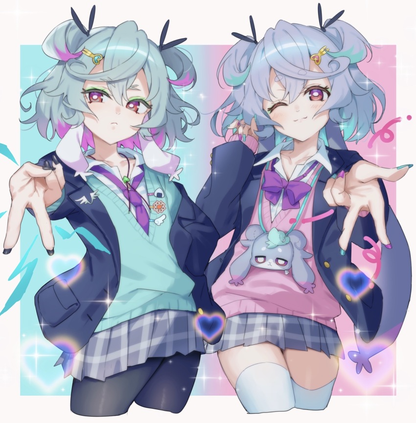 2girls, absurdres, amesuku_gyaru, black_pantyhose, blazer, blue_jacket, blue_sweater_vest, bow