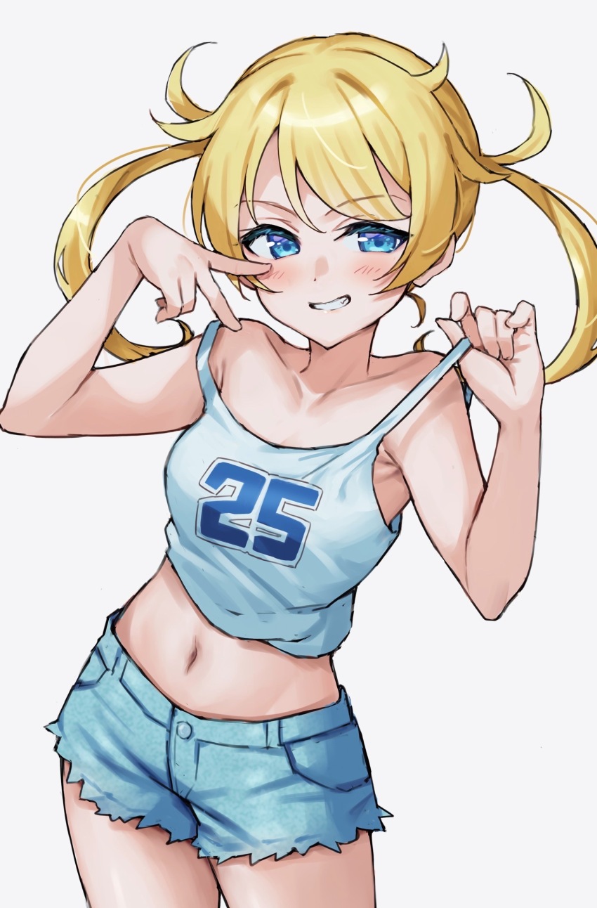 1girl, absurdres, blonde_hair, blue_eyes, blue_shorts, breasts, commentary_request, cowboy_shot