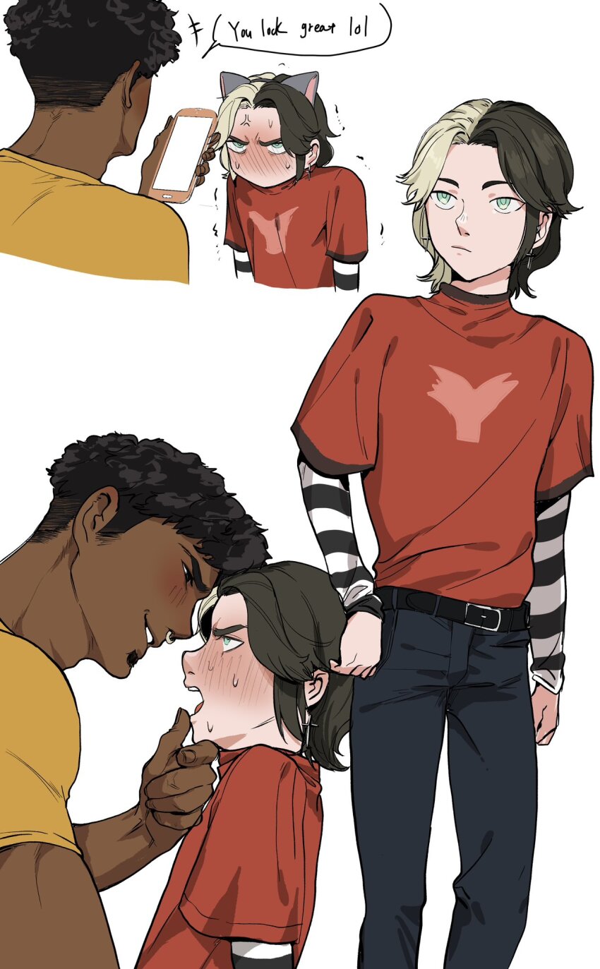 2boys, aiden_(disventure_camp), animal_ears, animification, black_hair, blush, cat_ears, commentary