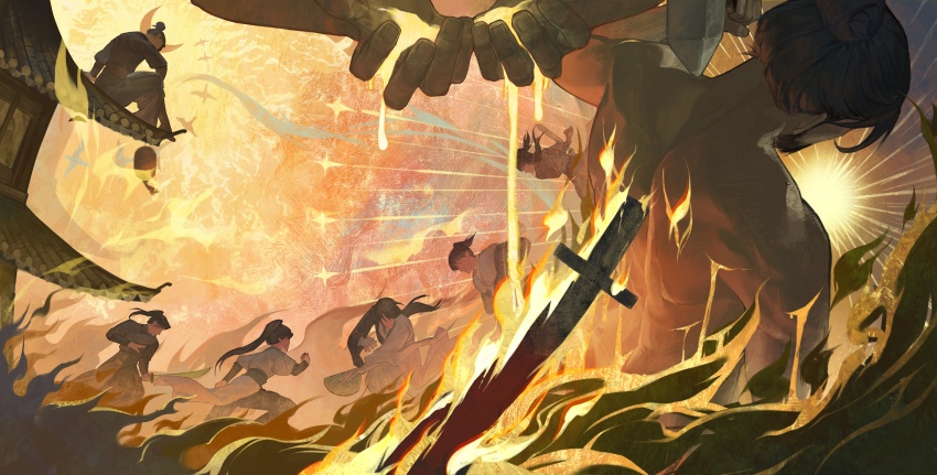 6+boys, absurdres, beard, black_hair, black_robe, character_request, chinese_commentary, chinstrap_beard