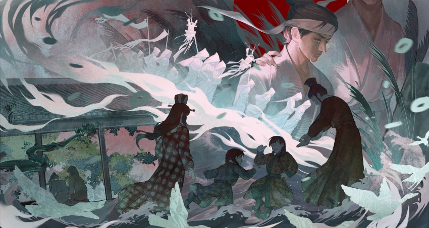 2girls, 3boys, absurdres, bird, black_hair, character_request, child, chinese_clothes