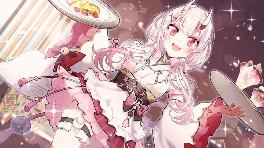 1girl, bow, commentary_request, dress, drink, food, frills, fruit