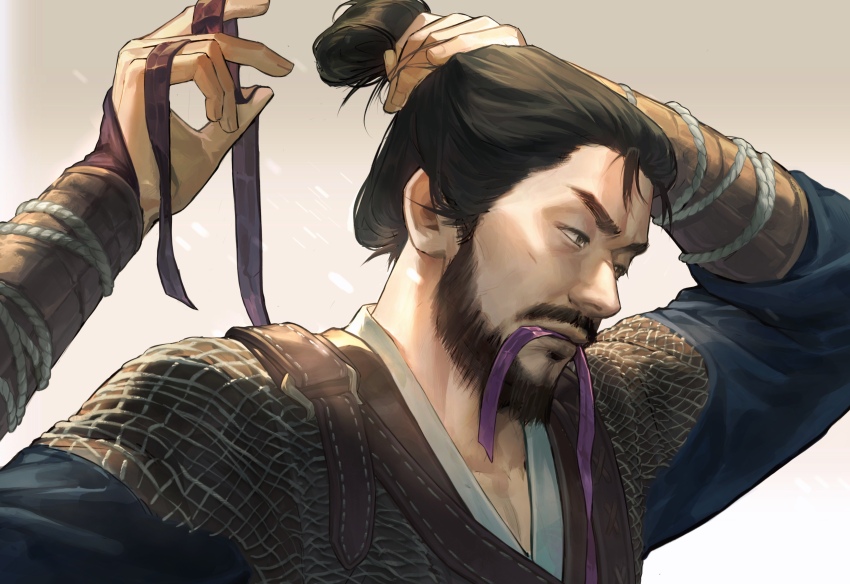 1boy, absurdres, beard, belt, black_hair, blue_robe, brown_belt, brown_eyes, chinese_commentary, chinstrap_beard, commentary_request, dressing, facial_hair, gauntlets, grey_background, hair_bun, highres, hua_bucheng, lips, male_focus, mature_male, mouth_hold, mustache, portrait, purple_ribbon, realistic, ribbon, ribbon_in_mouth, robe, short_hair, simple_background, solo, soul_patch, where_winds_meet, yi_dao_(where_winds_meet)