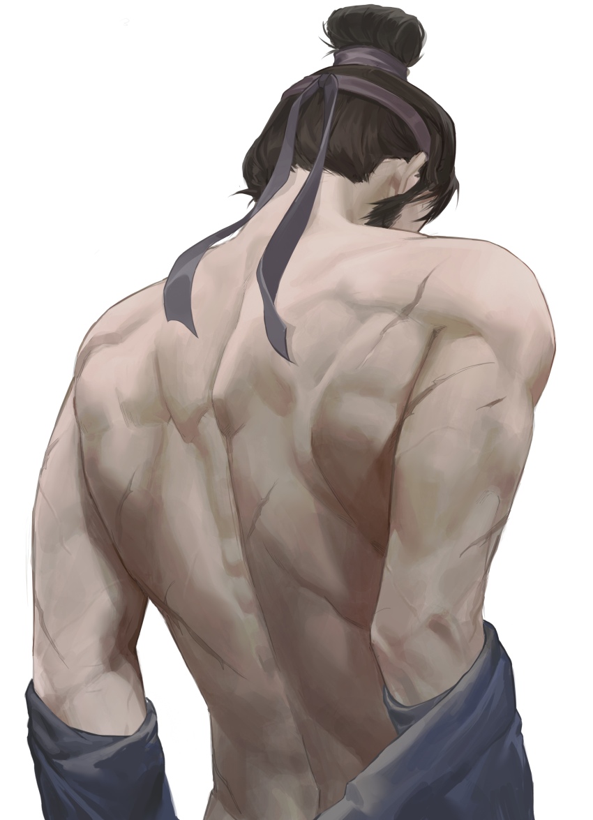 1boy, absurdres, beard, black_hair, blue_robe, chinstrap_beard, commentary_request, facial_hair, from_behind, hair_bun, headband, highres, hua_bucheng, male_focus, mature_male, multiple_scars, muscular, muscular_male, nude, purple_headband, realistic, robe, scar, scar_on_back, short_hair, simple_background, solo, undressing, upper_body, where_winds_meet, white_background, yi_dao_(where_winds_meet)