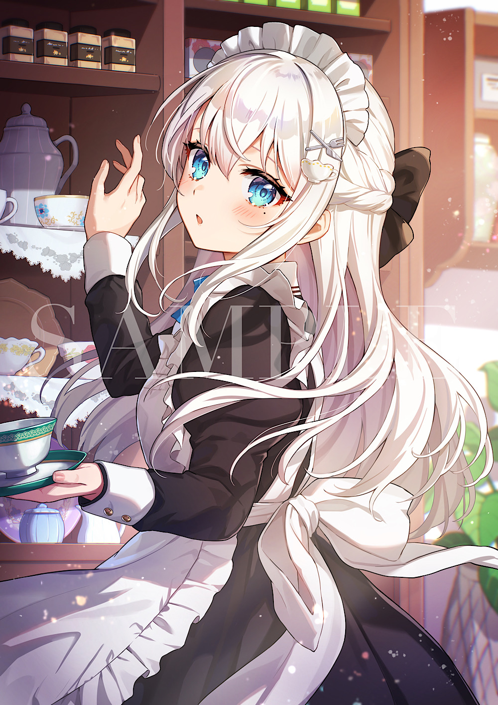 1girl, apron, back_bow, black_bow, black_dress, blue_eyes, blush, bow