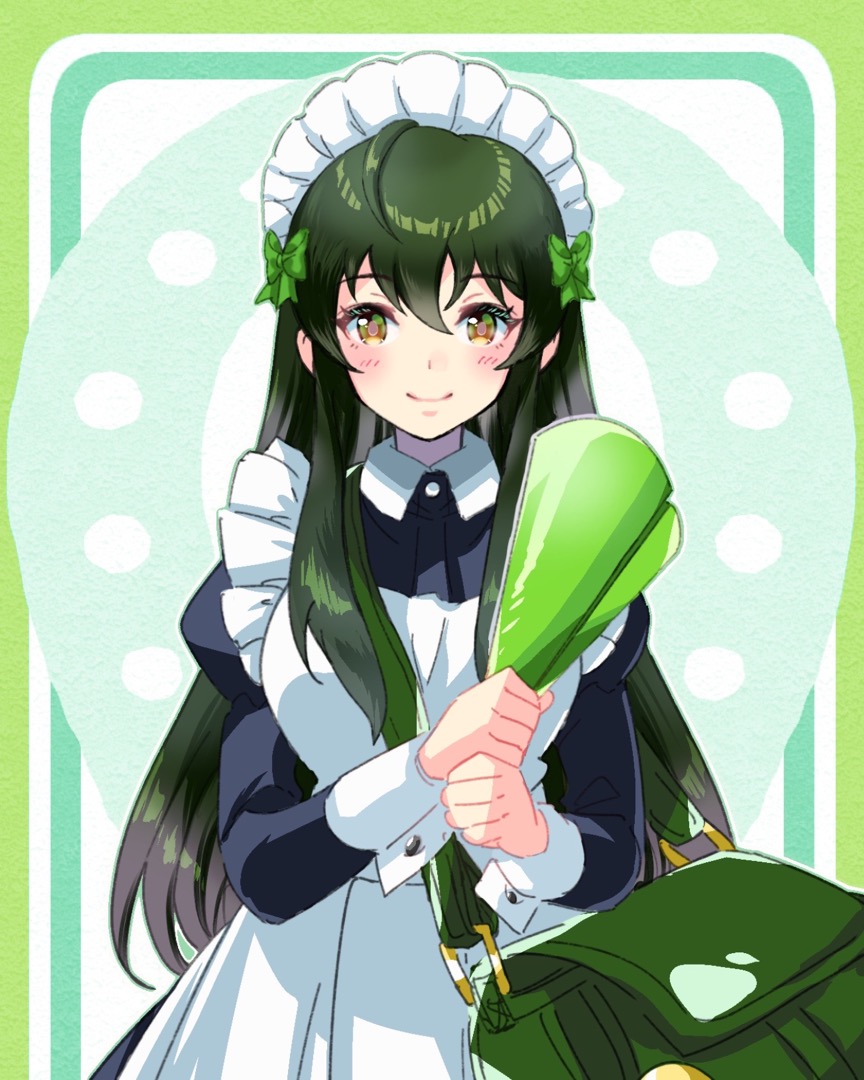 1girl, apron, bag, black_dress, blush, bow, breasts, brown_eyes