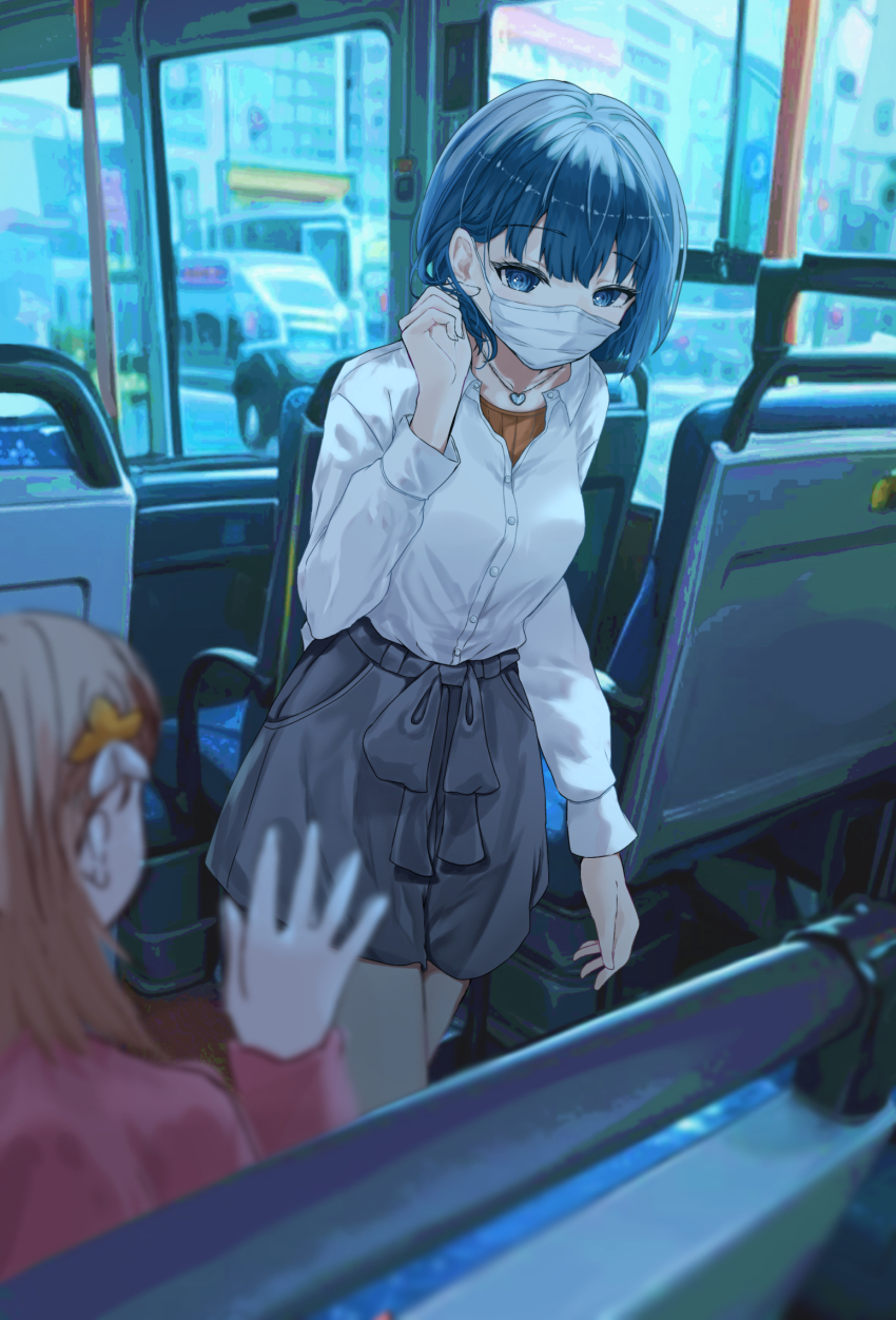 2girls, aisle, arm_at_side, blue_background, blue_eyes, blue_hair, blue_theme, blurry