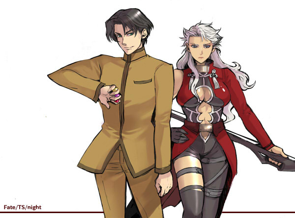 1boy, 1girl, archer_(fate), black_hair, bow_(weapon), breasts, center_opening, chest_window