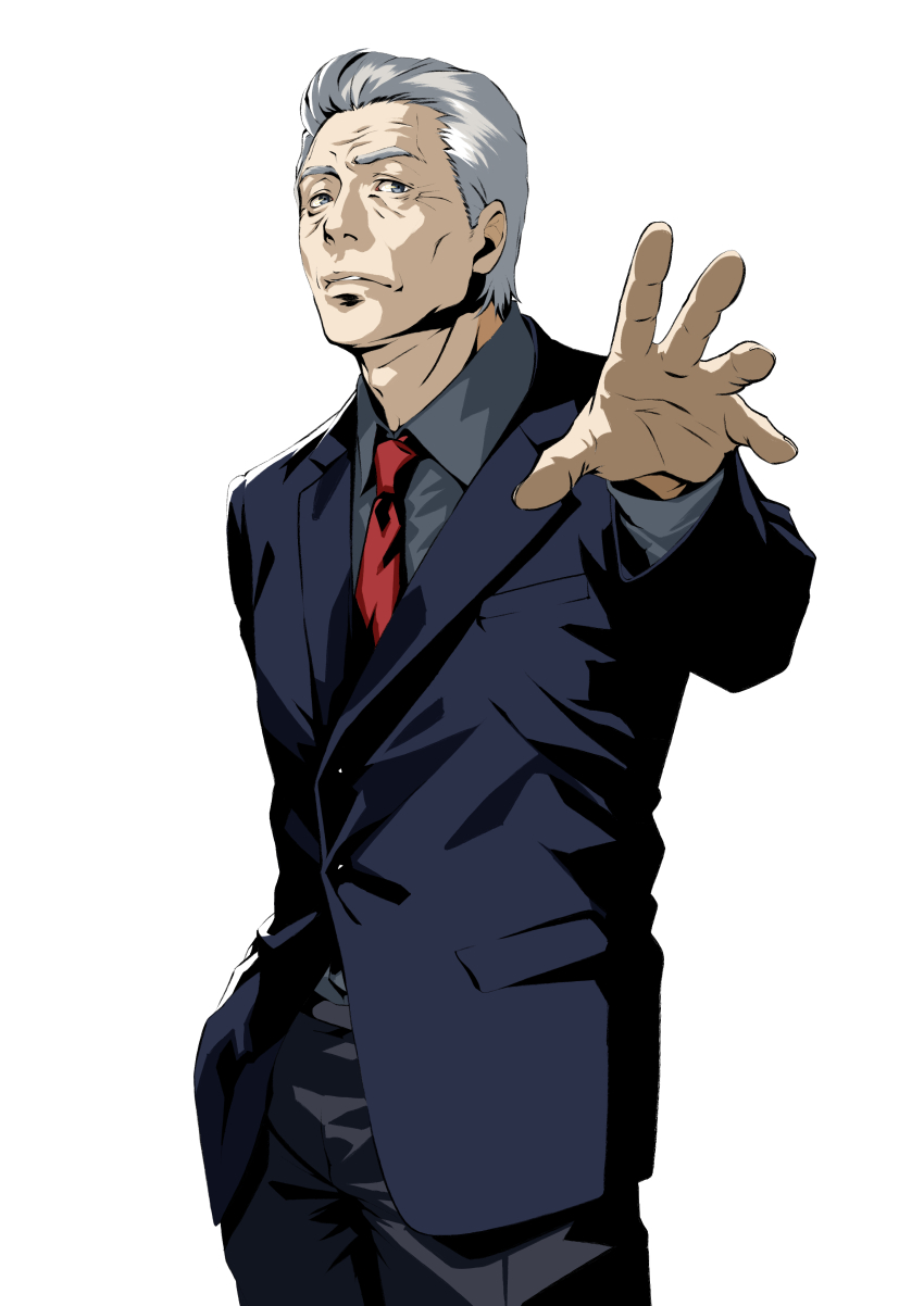 1boy, absurdres, character_request, collared_shirt, commentary_request, grey_hair, hand_in_pocket, highres
