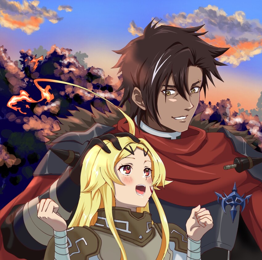 1girl, absurdres, ahoge, arm_wrap, armor, black_gloves, brooch, cape