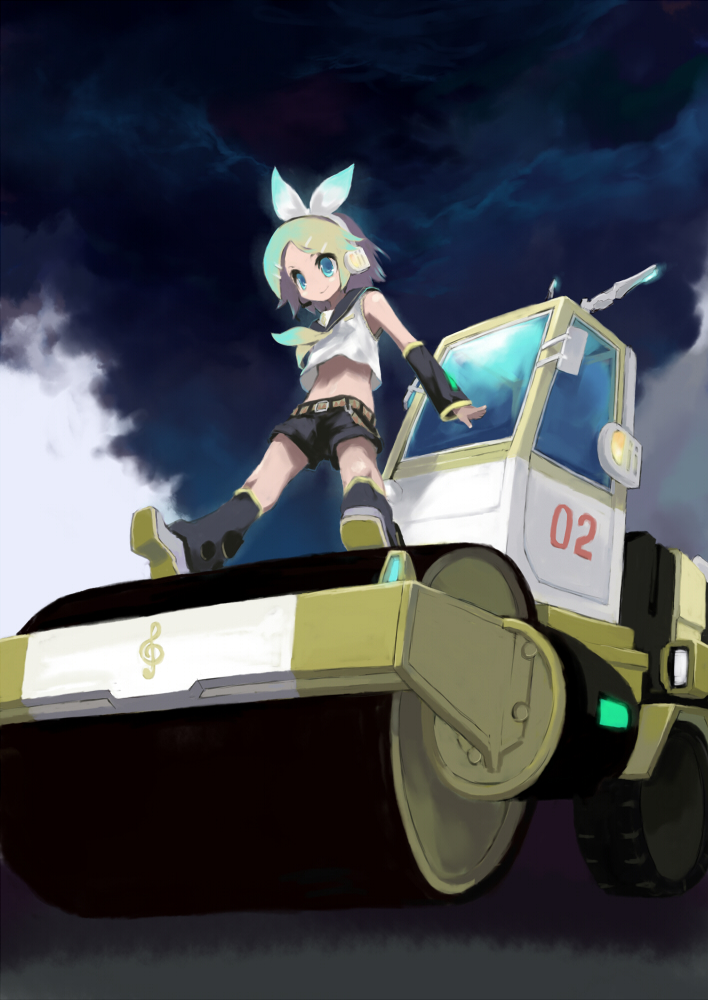 1girl, arm_warmers, black_shorts, blonde_hair, blue_eyes, blue_sky, bow, closed_mouth, cloud, cloudy_sky, female_focus, from_below, glowing, hair_ornament, hair_ribbon, hairclip, headphones, headset, kagamine_rin, leg_warmers, legs_apart, microphone, midriff, outdoors, ribbon, sailor_collar, short_hair, shorts, sky, sleeveless, smile, solo, standing, steamroller, treble_clef, upshirt, vocaloid, white_bow, xexu, yellow_ribbon